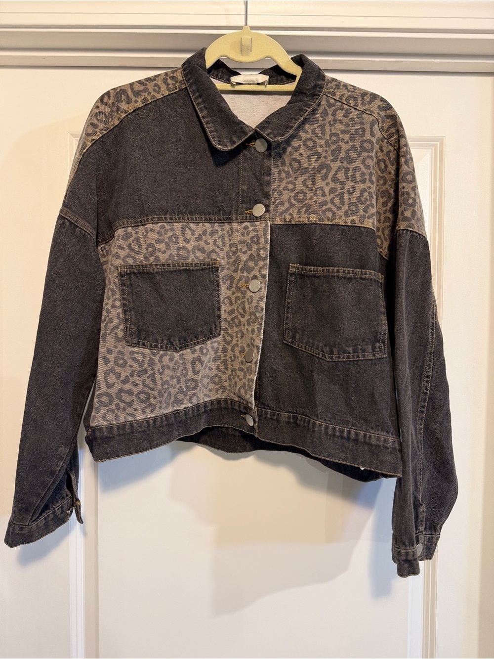 Hyfve Washed Black Denim Leopard Patchwork Cropped Jacket Size Medium